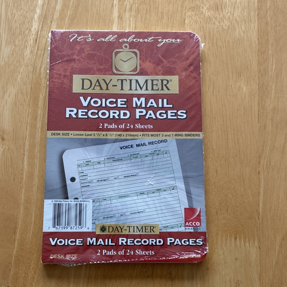 Day-Timer Voice Mail Record Pages Model 87259 Desk Size 2 Pads 24 Sheets